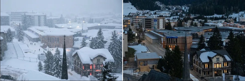 Neve pesada ao redor do Centro de Congressos de Davos em janeiro de 2018, à esquerda, e mostrada em janeiro de 2023, à direita — Foto: Jason Alden/Francesca Volpi/Bloomberg Neve pesada ao redor do Centro de Congressos de Davos em janeiro de 2018, à esquerda, e mostrada em janeiro de 2023, à direita — Foto: Jason Alden/Francesca Volpi/Bloomberg