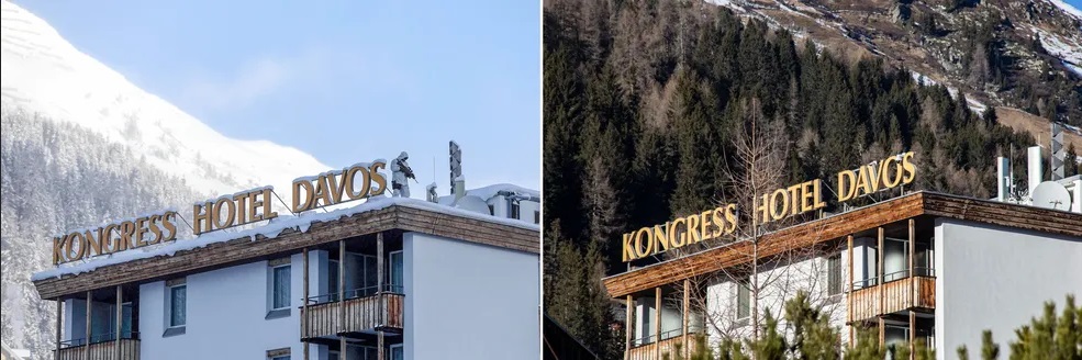 O Kongress Hotel Davos em janeiro de 2017, à esquerda, e janeiro de 2023, à direita — Foto: Simon Dawson/Francesca Volpi/Bloomberg O Kongress Hotel Davos em janeiro de 2017, à esquerda, e janeiro de 2023, à direita — Foto: Simon Dawson/Francesca Volpi/Bloomberg